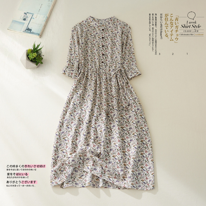 Spring and Summer 2024 New plus size Women's Elegant Vintage Printed Waistband Loose Cotton and Linen Floral dress Women