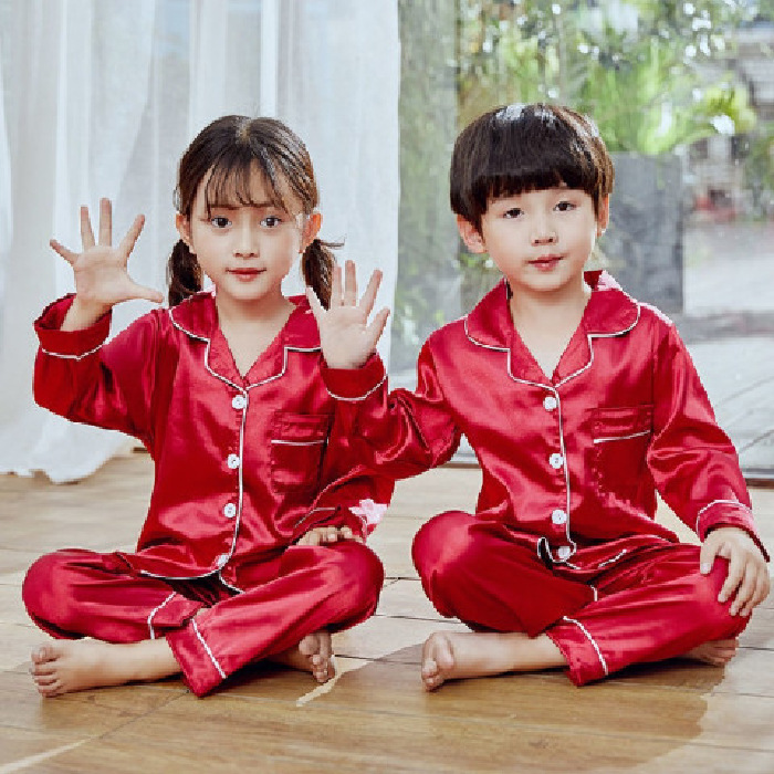 Picture of Spring and Summer Children's Pajamas for Boys and Girls Solid Color Silk Cardigan Long Sleeve Trousers Children's Home Clothes suit