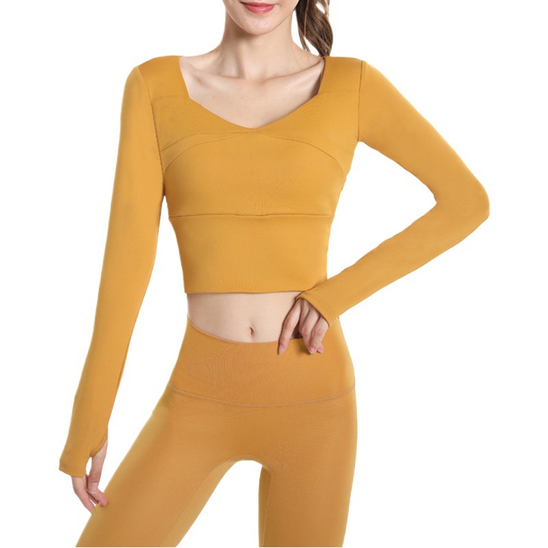 Yoga Clothing Women's Long-sleeved Sports Top Quick-drying Tight-fitting Short Exposed Umbilical Cord Chest Pad Cross T-shirt Running Fitness Clothing