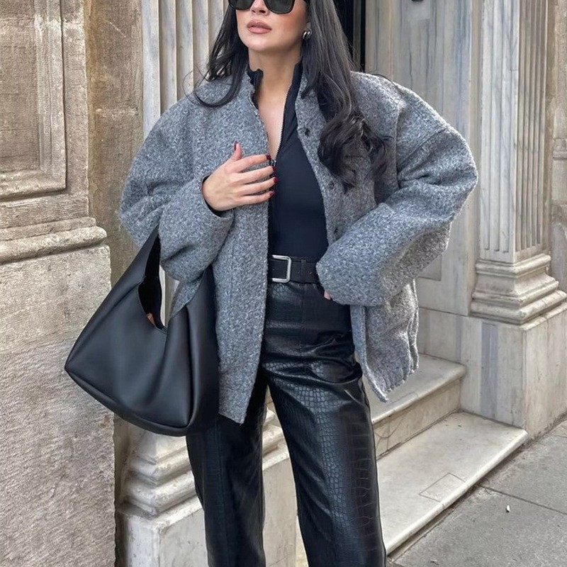 Picture of 2025 Cross-Border European and American New Women's Casual Color Stand-Up Collar Single-Breasted Large Flap Pocket Pants Loose and Comfortable Long-Sleeved Jacket