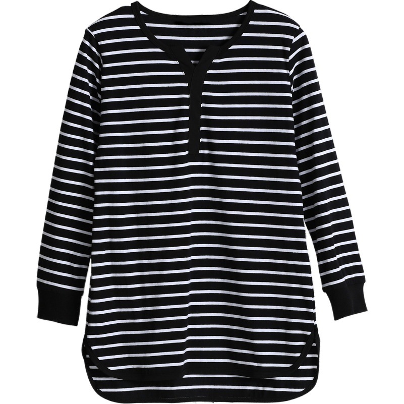 Black and white striped long-sleeved bottoming shirt 2022 spring new loose fashion mid-length T-shirt chubby girl Women's top clothes