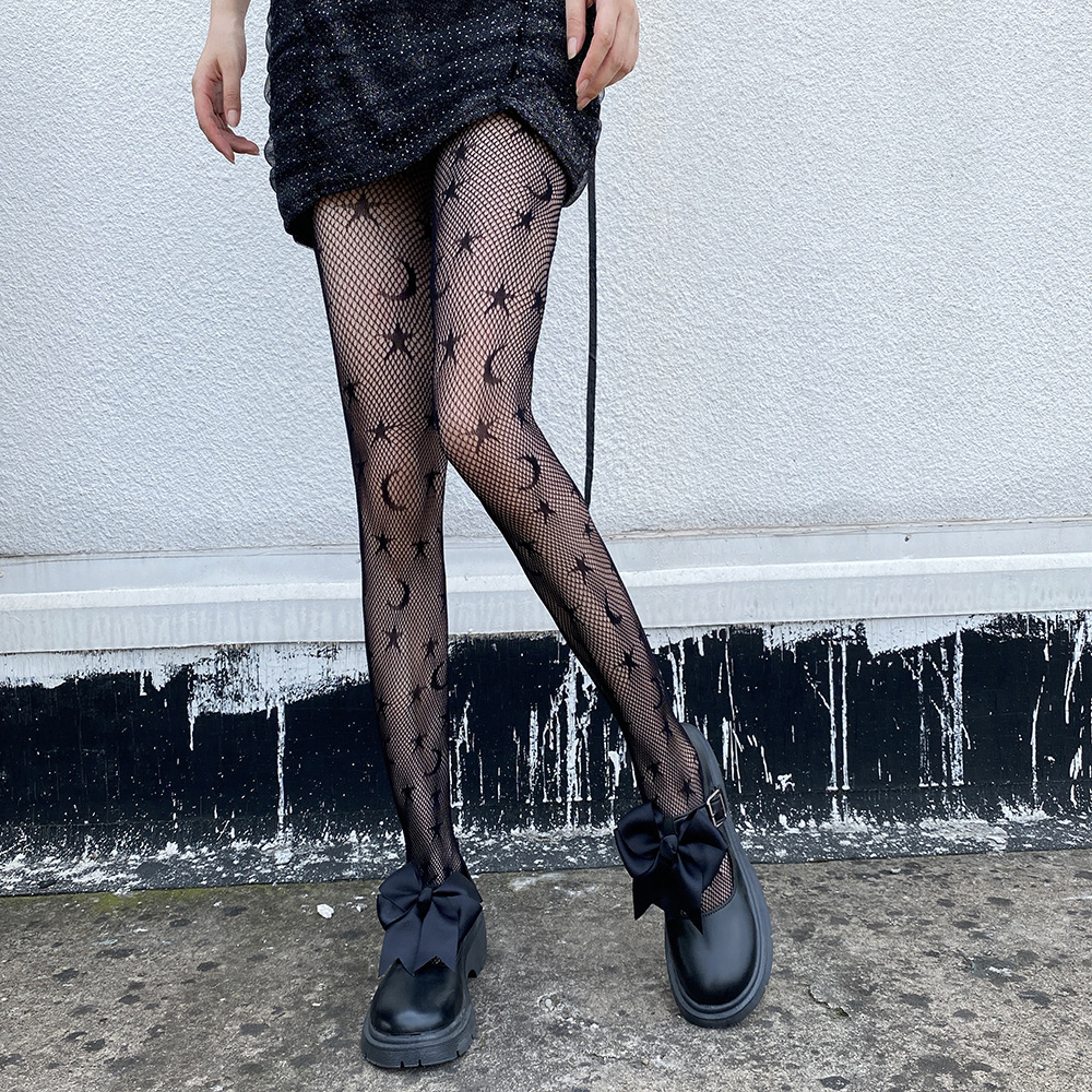 JK socks Moon star pattern Net red black stockings leggings JK thin hollow jacquard mesh stockings stockings