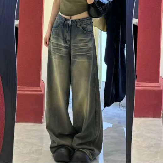 2024 New American Style Retro Jeans Women's Autumn Wide Leg Pants High Waist Spice Girl Straight Slimming Long Pants