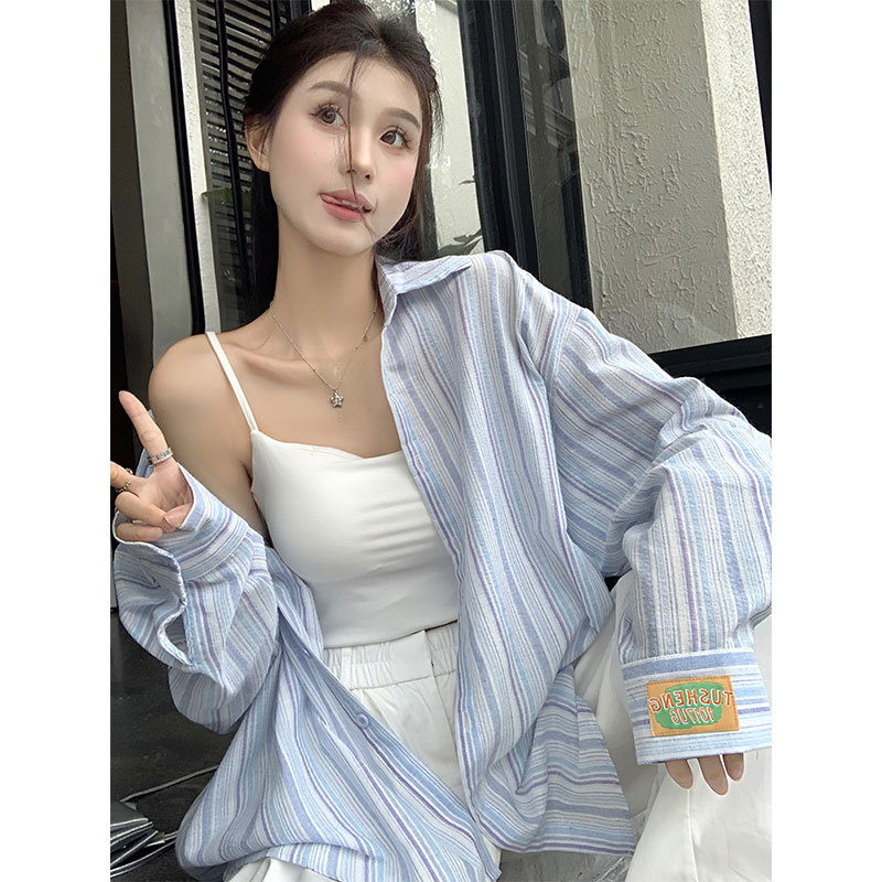 [Original Fabric-Workmanship] Thin Shirt Top Women's Design Sense Loose Lazy Long Sleeve Striped Cardigan