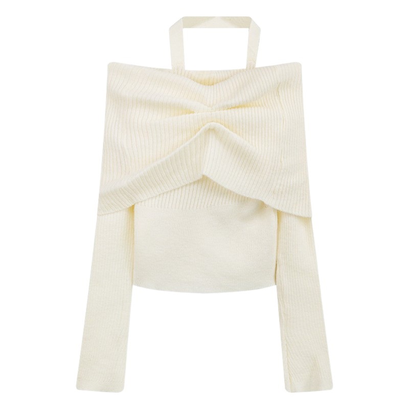 Autumn and Winter New French Design Sense off-shoulder Top Women's All-match Hanging Neck Slim-fit Slimming Soft Waxy Knitted Sweater