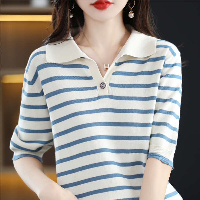 Foreign Trade Striped Lapel Short-sleeved T-shirt Women's Summer 2024 New Knitted Thin Design Niche Top