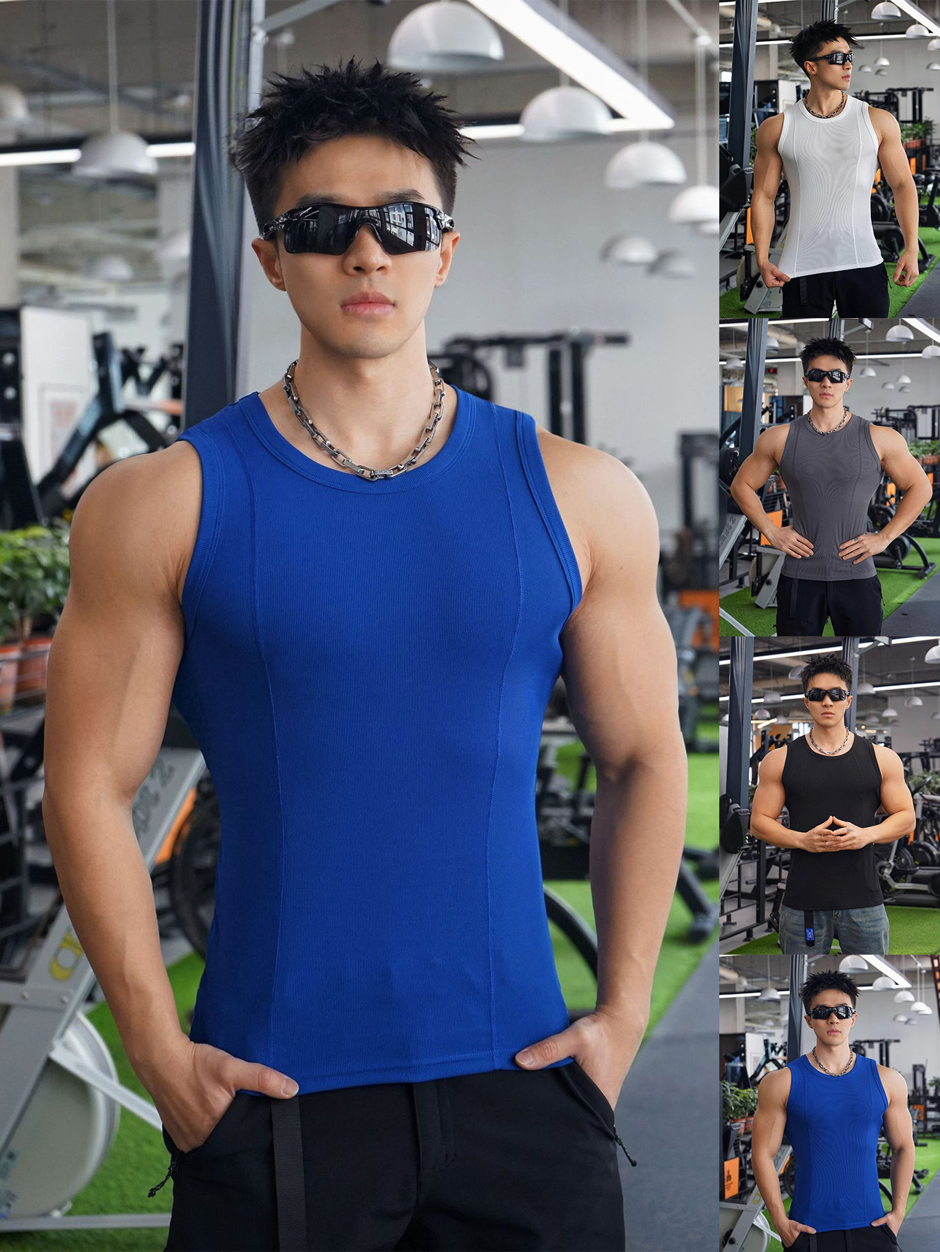 New Men's Vest Outdoor Running Training Sports Fitness Cool Silk Cotton Pit Strip Breathable Iron Solid Color Top