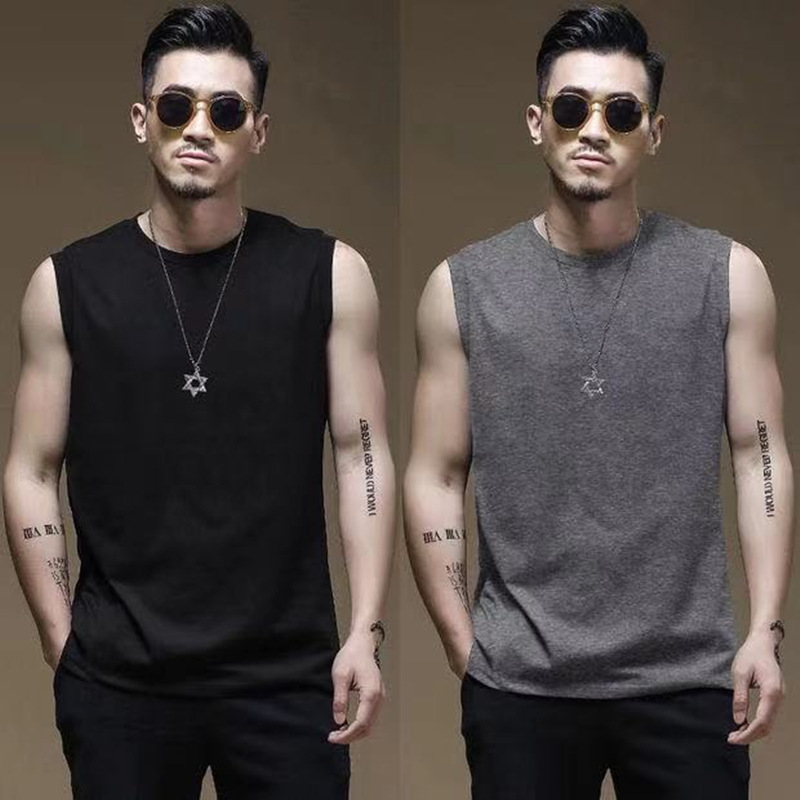 Men's Vest Summer Solid Color Round Neck Loose Waistcoat Sports Fitness Sweatshirt Casual All-match Sleeveless Base T-shirt
