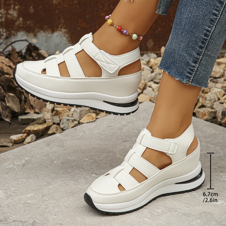 Cross-border new hollow plus size sandals women's 2024 autumn and summer foreign trade solid color hollow thick-soled hook and loop casual women's shoes