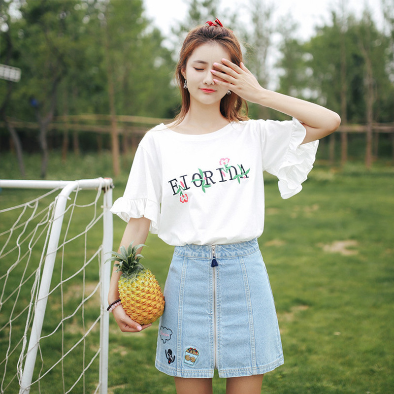 Embroidered 2025 Summer New Korean Style Women's Trumpet Sleeve Short-Sleeved T-Shirt Women's Student Top Trendy One-Piece Drop Shipping