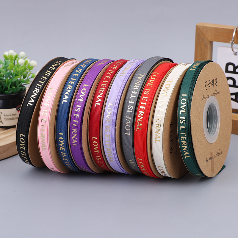 In stock supply 1cm bronzing letter ribbon floral bouquet gift box packaging English ribbon strap wholesale