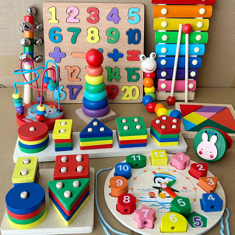 Wholesale children's eight-tone piano threading clock rainbow tower four sets of column shaped board kindergarten baby educational toys
