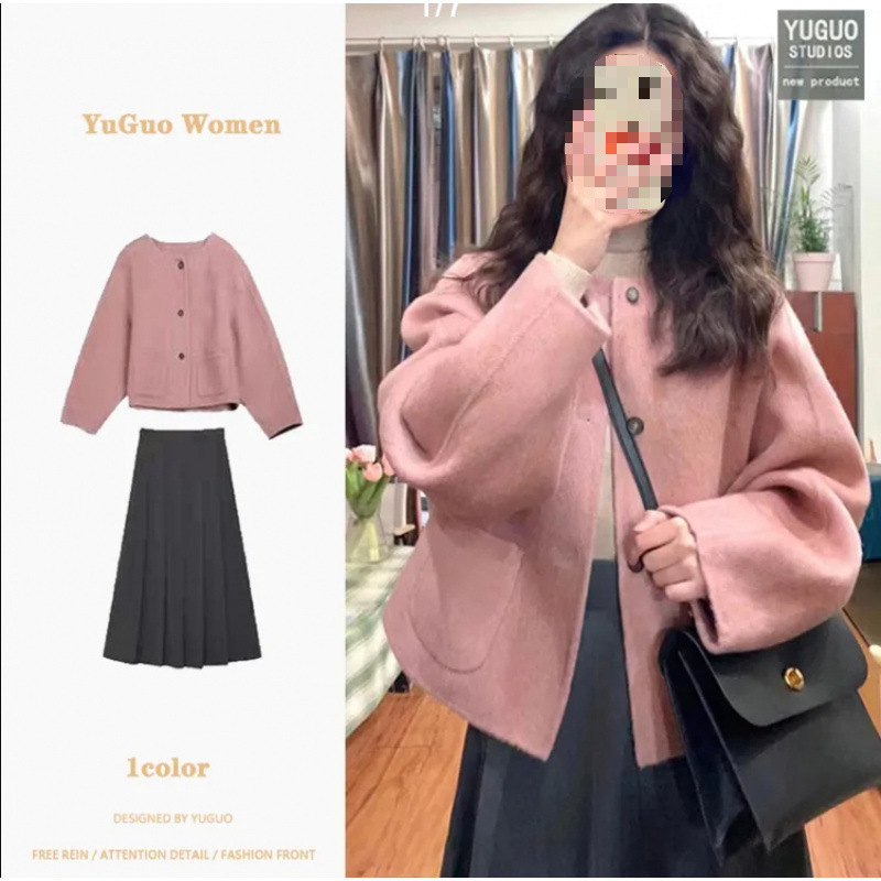 High-grade Pink Woolen Coat Short Women's Autumn and Winter New Korean Style Artistic Retro Woolen Coat for Petite