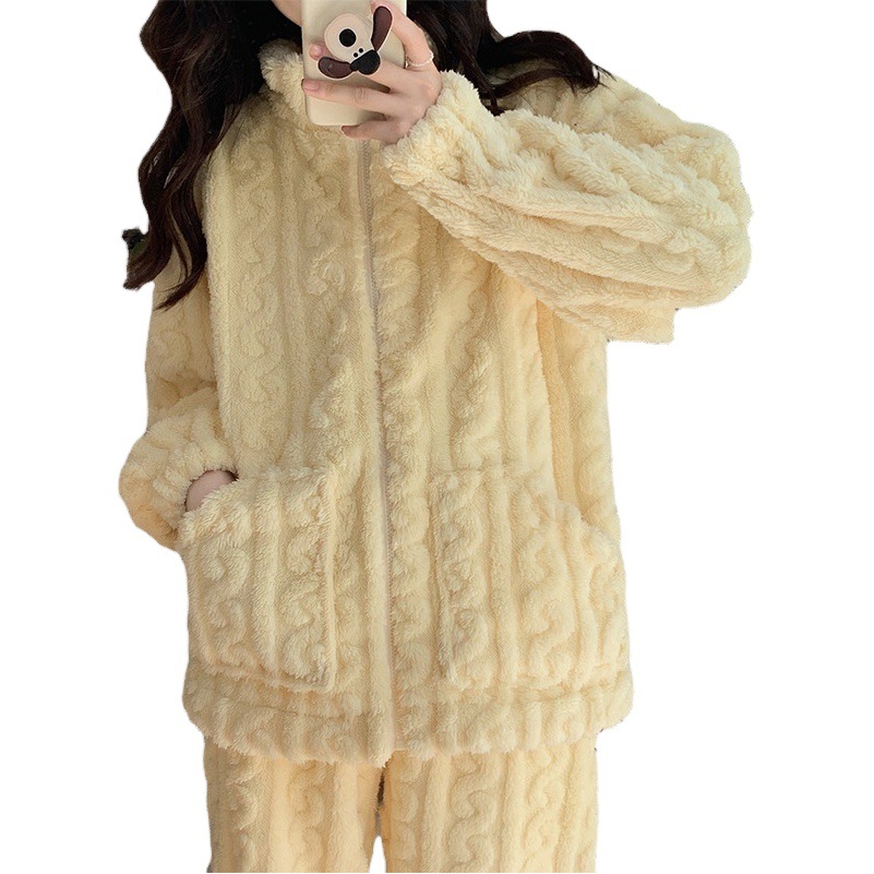 Flannel Pajamas winter women's net red style long sleeve thickened warm zipper solid color jacquard home wear suit