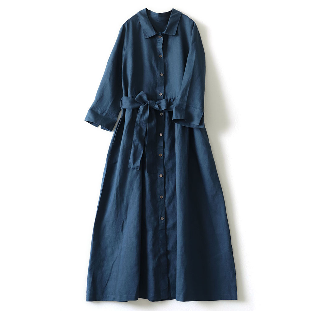 Linen dress Lapel Shirt Dress 2024 Spring and Autumn New Japanese Literary Cotton and Linen Women's Solid Color Long Dress for Women