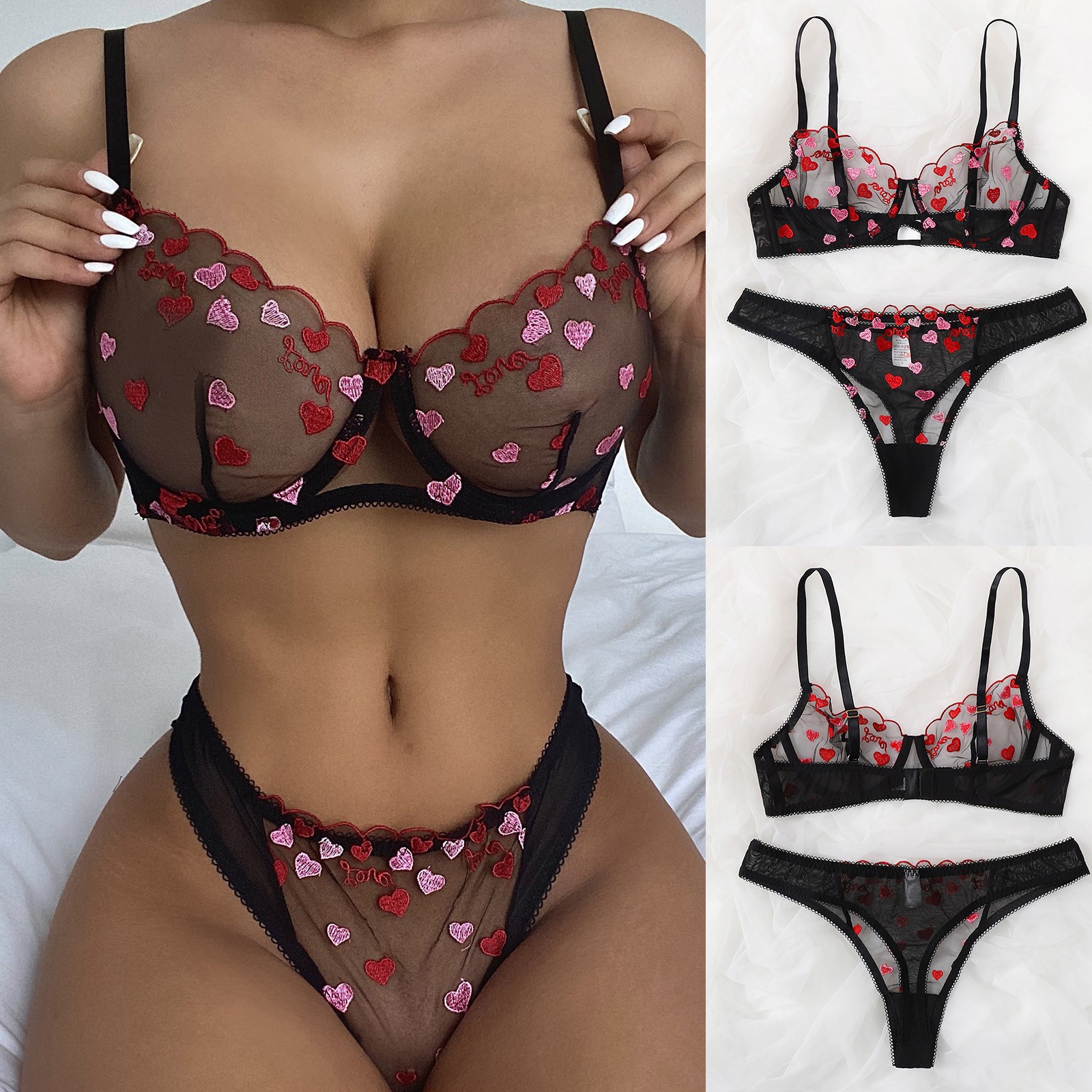Foreign trade supply Europe and the United States new fashion pink love embroidery transparent black mesh sexy suit
