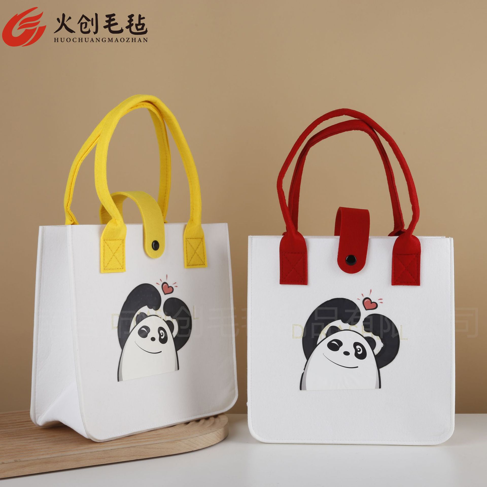 Cartoon Felt Bag, High-End Ins Style Handbag, Flower Panda Felt Bag, Work and Commuting Hand-Held Felt Bag