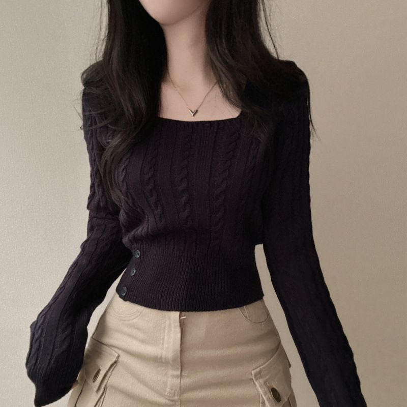 Picture of Japanese Style Retro Twist Knitwear Women's Korean Style Fashionable Square Collar Short Waist Base Sweater Niche Chic Top