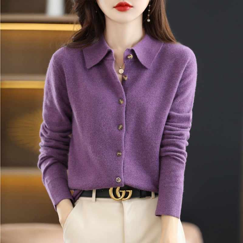 Picture of Spring and Autumn POLO Collar Shirt Women's Outerwear Loose Long-sleeved Sweater Non-cashmere Lapel Knitted Cardigan Top Jacket