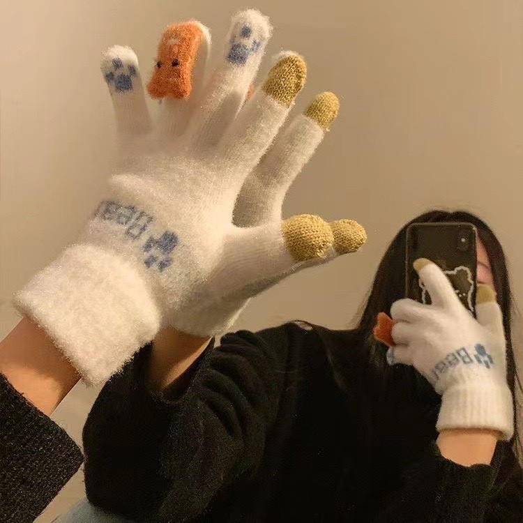 Women's Winter Fingerless Gloves with Fleece Lining, Thickened, Cute Five-Finger Design, Suitable for Students, Cycling, Cold Protection, Touchscreen Compatible, Warm and Furry