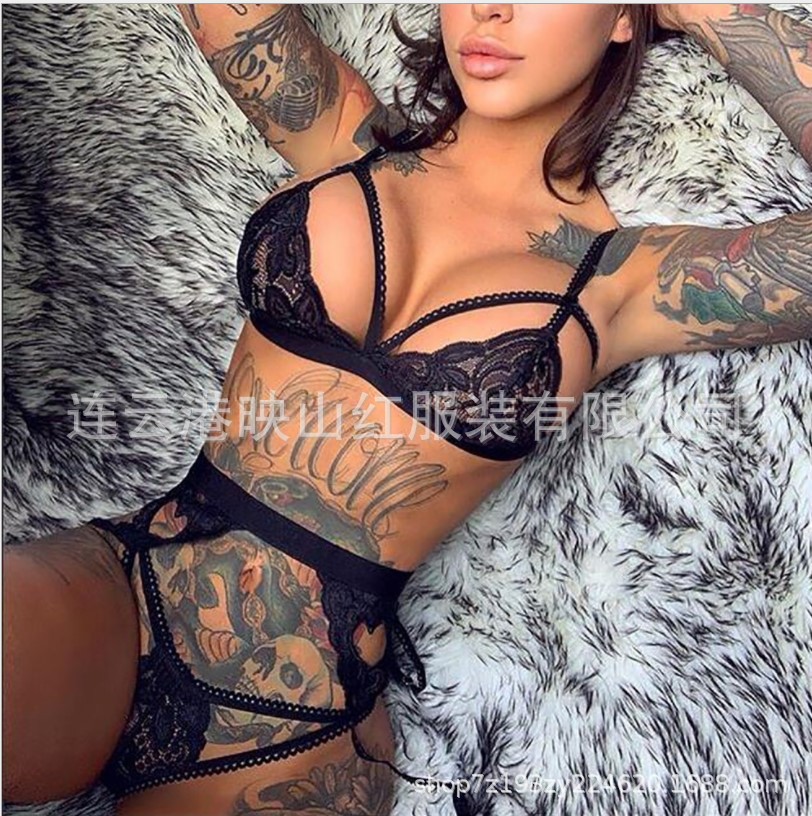 Foreign Trade Eyelash Three-Point European and American Explosions Sexy Three-Point Sling Three-Piece Set Hollow Garter Sexy Underwear