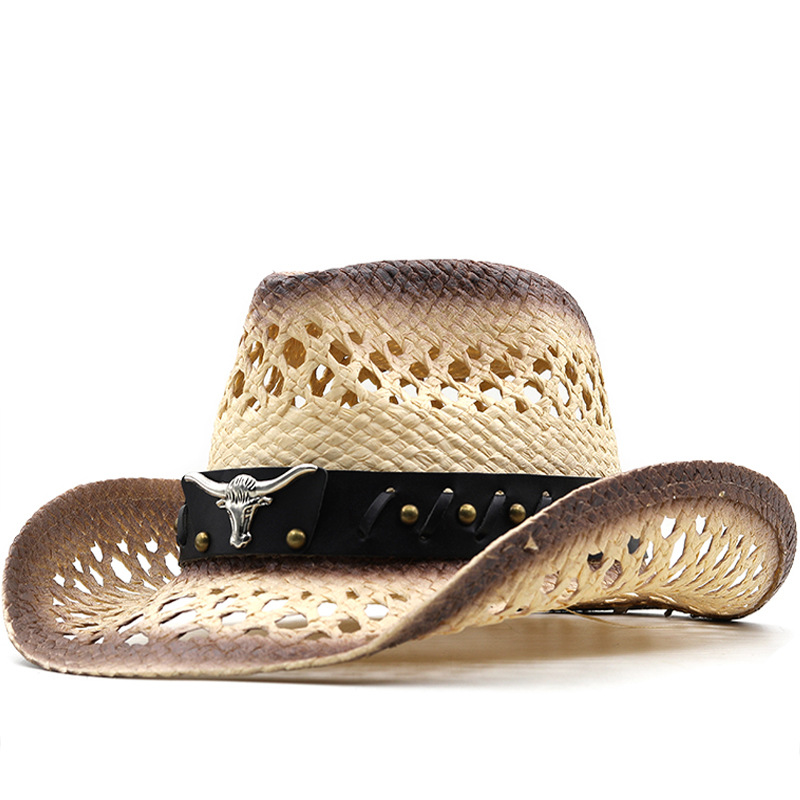 Cross-border foreign trade hollow hand woven straw hat men and women summer sun hat Western Lafite cowboy hat wholesale