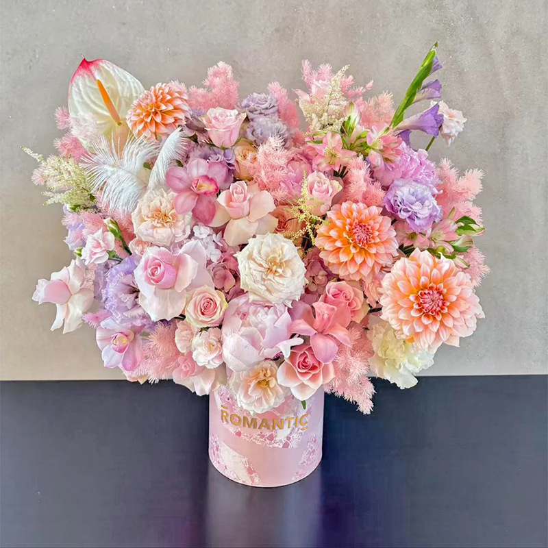 Xi Yu Romantic Style Bouquet Packaging Box Marble Pattern Round Box Valentine's Day Floral Packaging Box Flower Art Materials