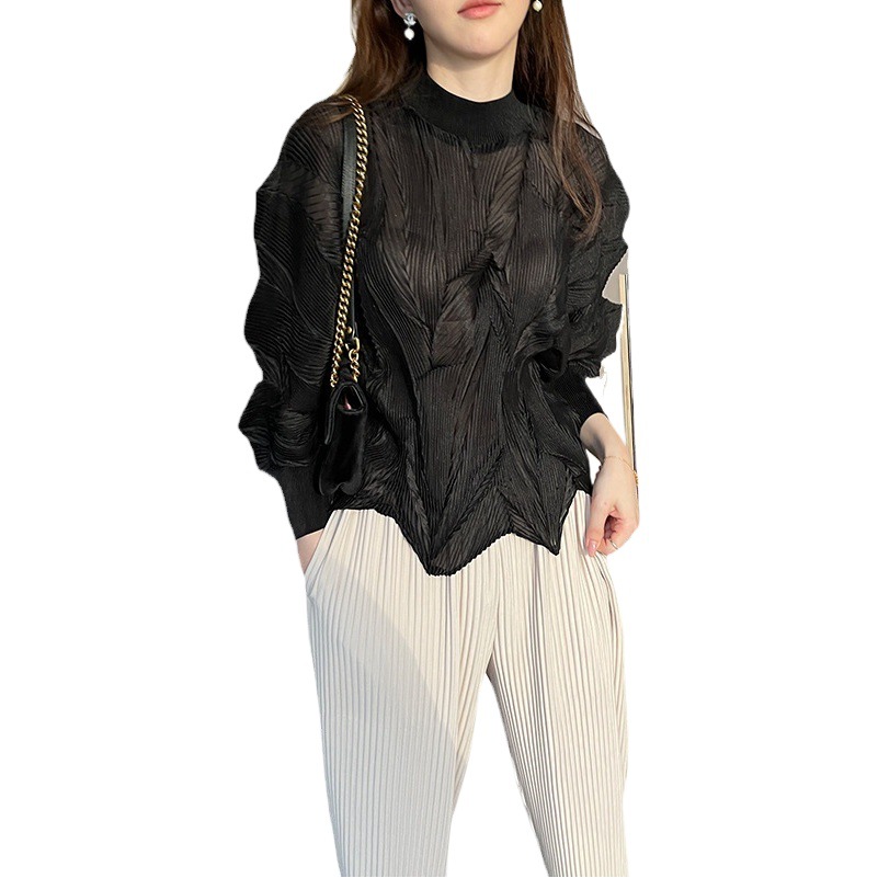 Pleated top women's design sense niche thin Sanzhai loose long sleeve T-shirt designer women's clothing wholesale supply