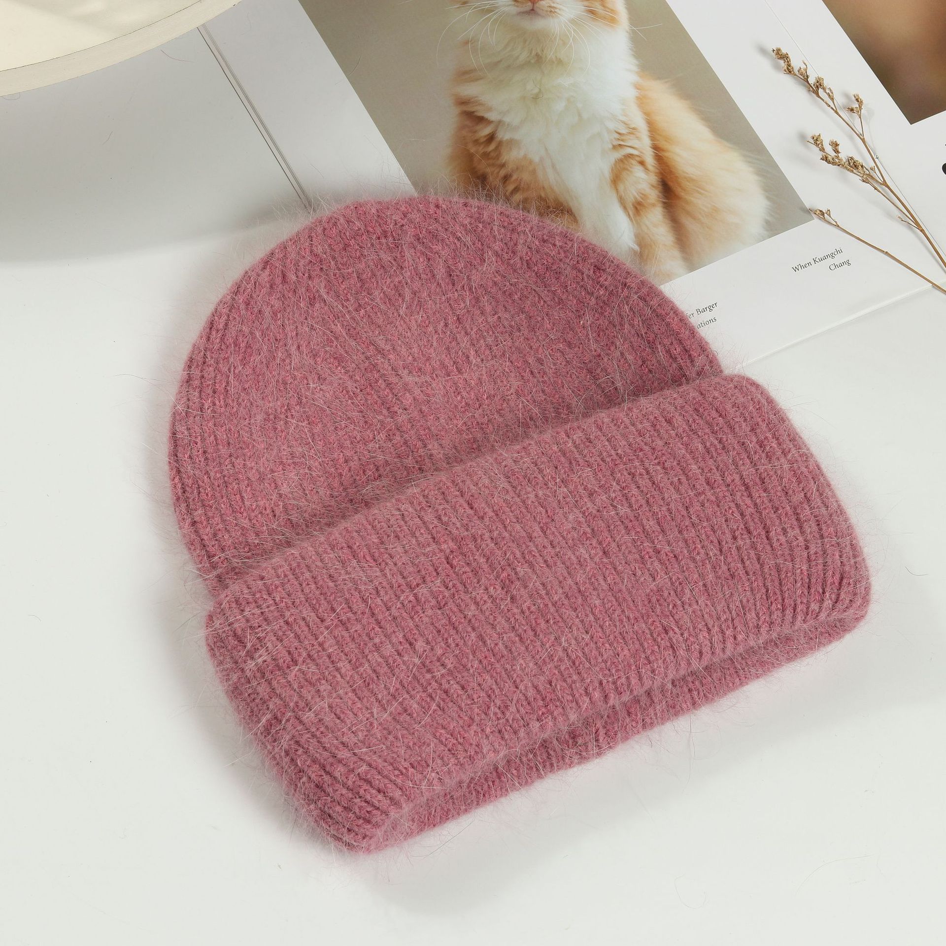 Picture of Korean Winter Knitted Hat with Large Brim for Women, Windproof Pullover Round-Top Adult Rabbit Fur Wool Hat