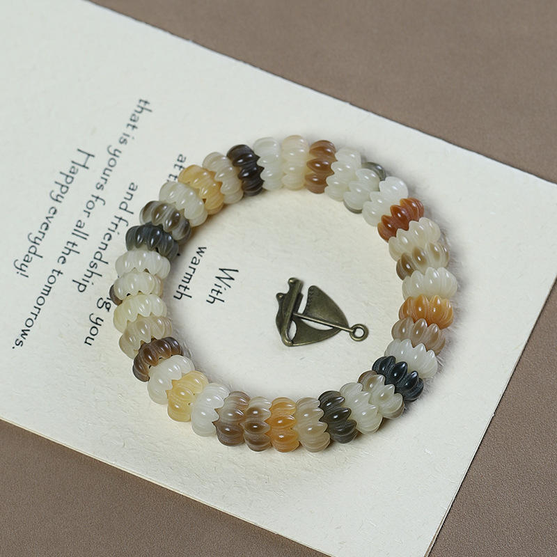 Picture of White Jade Bodhi Carving Lotus Blossom Colorful Bodhi Bracelet for Men and Women Play with Buddha Beads Soft Plate Play Bracelet