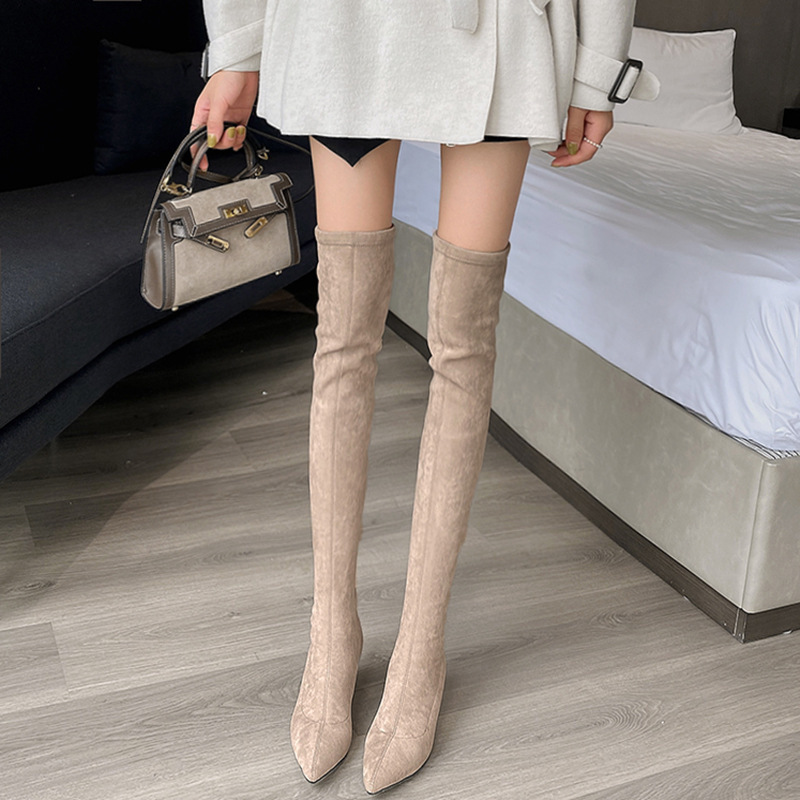 Boots Women's Stretch Boots Pointed Heel Boots Women's Knee Boots Suede High Boots khaki