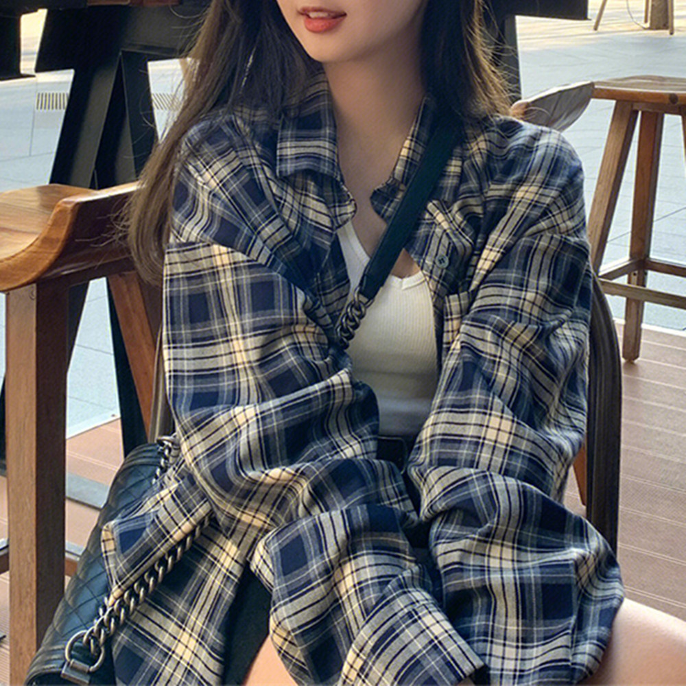 Hengbin Taichun Autumn New Hong Kong Style Vintage Plaid Shirt Women's Chic Top Coat Women's Shirt Outerwear