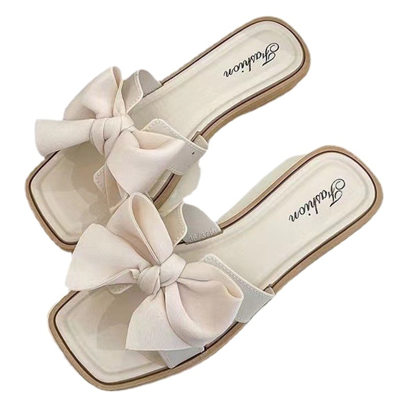 Bowknot slippers for Women summer outdoor wear 2023 New Fashion Home flat non-slip fairy style sandals soft bottom