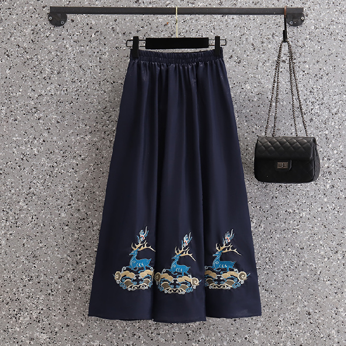 Picture of Chinese Style National Style Hanfu Modified Zen Tea Clothing Top Vintage Embroidered Deer Yao Buckle Top suit Summer Skirt
