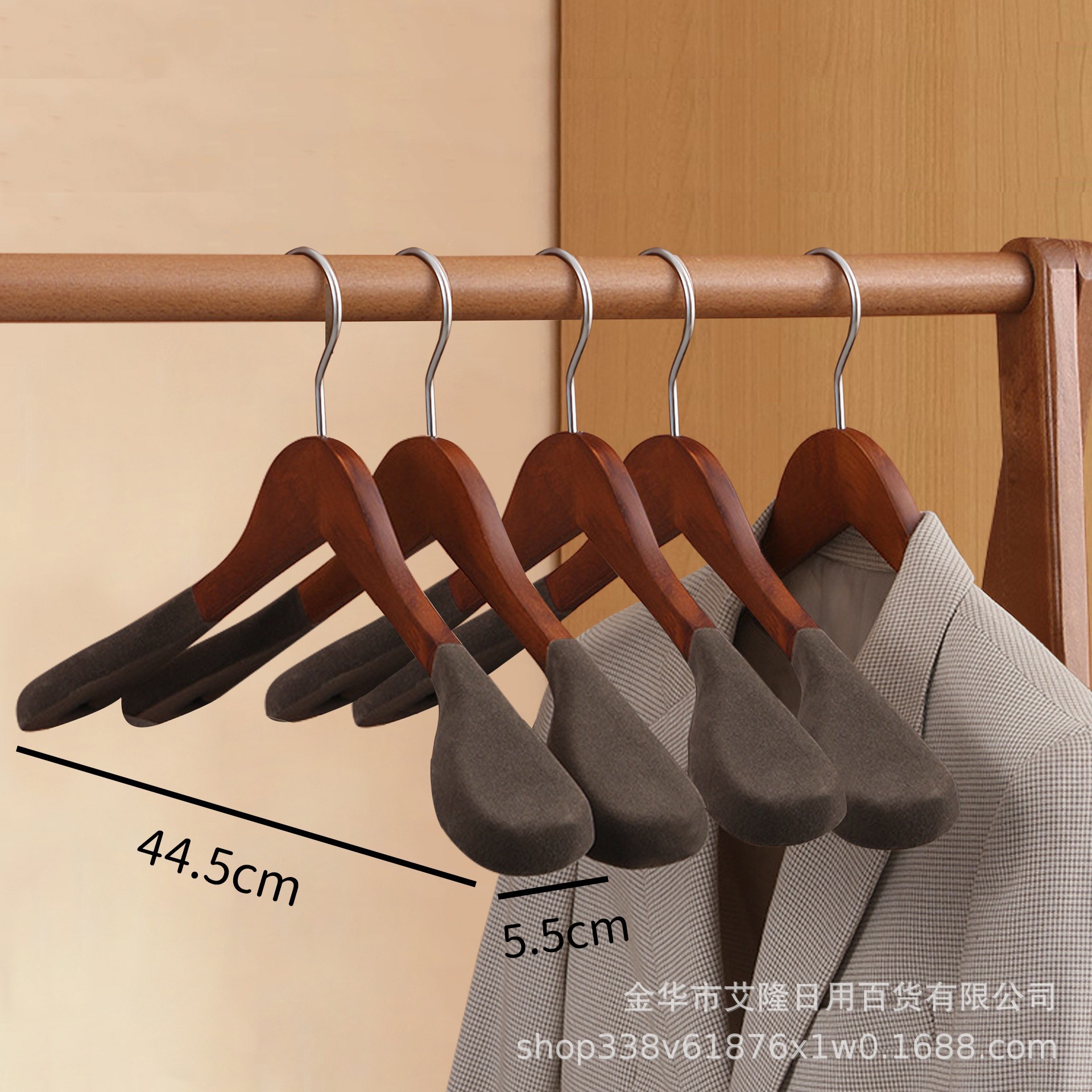 Picture of High-grade solid wood wide shoulder flocking hanger household coat suit seamless hanging clothes support solid wood hanger wholesale