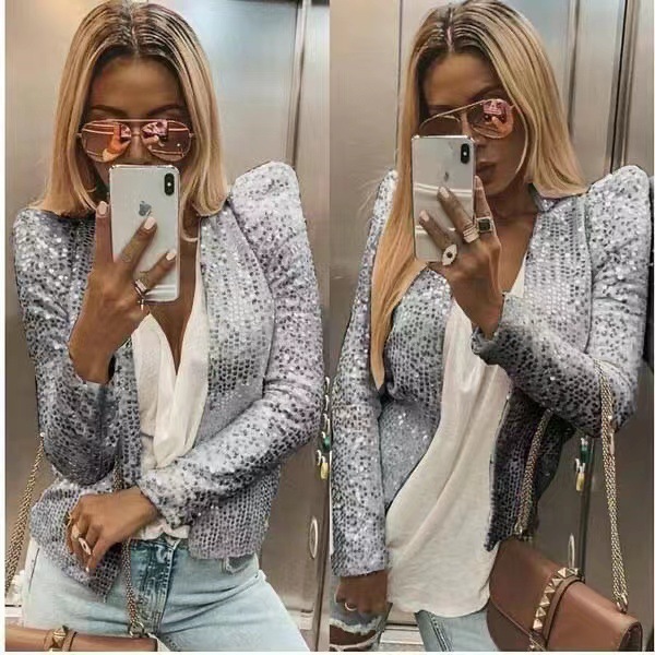 Picture of 2025 Cross-Border Women's Spring European and American Fashion Round Neck Pure Color Sequined Short Outwear Casual Versatile Small Outwear