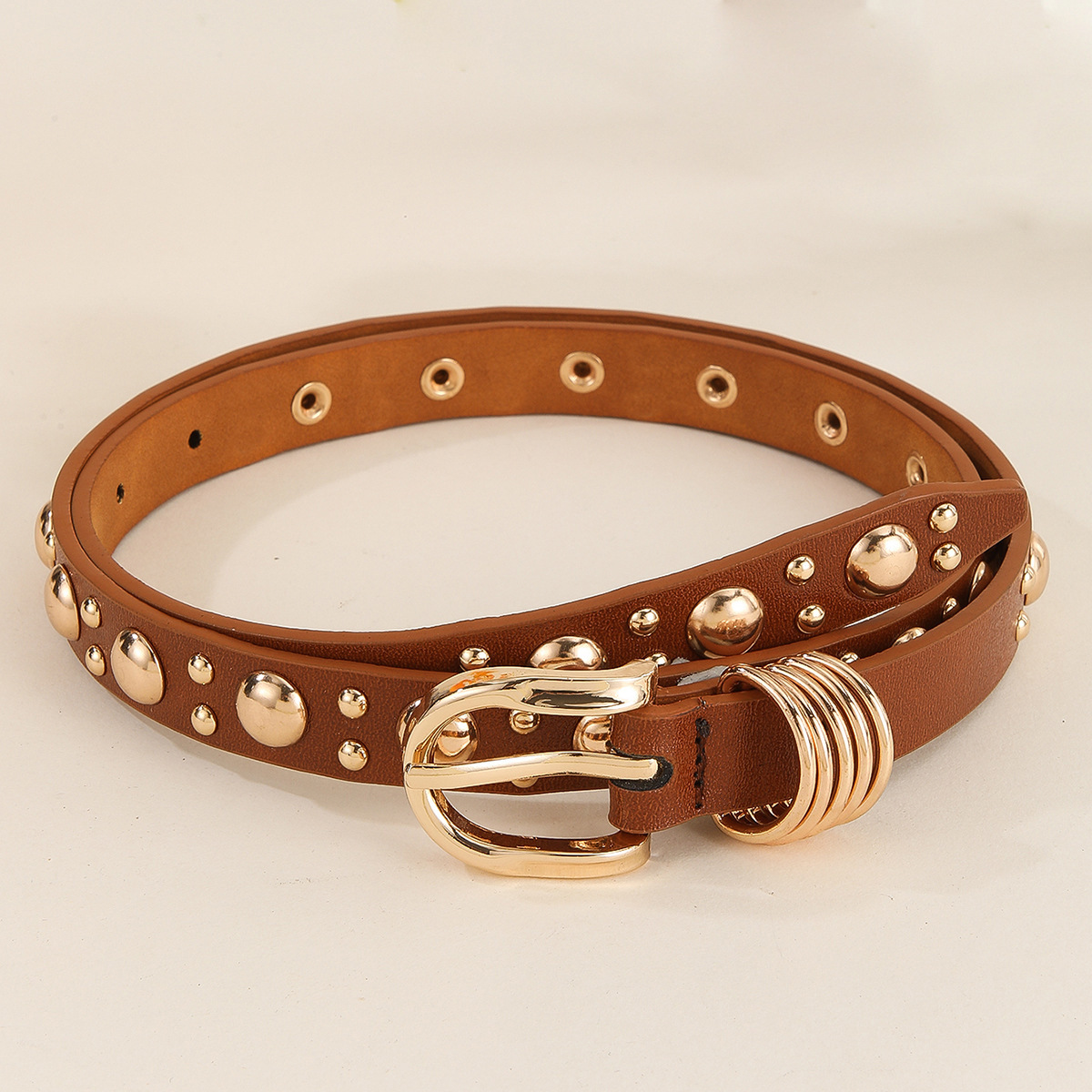 New Ladies Boutique Punk Style Inlaid Gold Mushroom Stud Rivet Heavy Metal Fashion Belt with Jeans