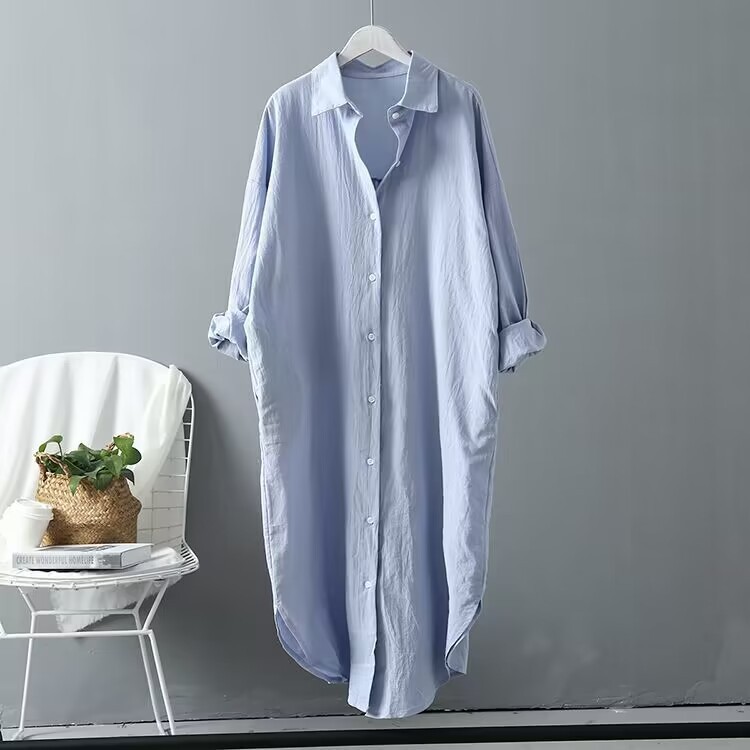 Picture of 25 Shirts for Women Spring & Fall Cotton and Linen Fashionable Korean Style Pure Color Versatile Tops Mid-Length Loose Shirts Long-Sleeved Large Size Tops