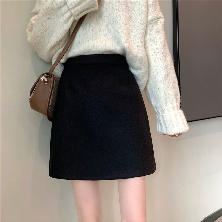 Black Wool Skirt Women's 2024 New Autumn and Winter plus size High Waist A- Word Slim Hip Skirt Small