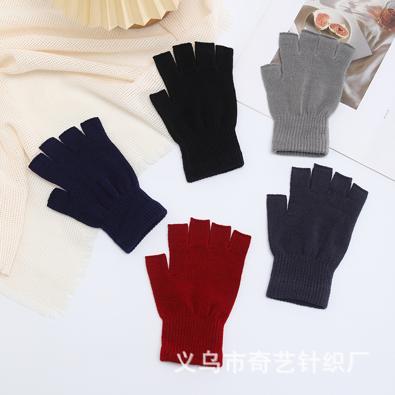 Picture of Black half finger finger elastic stretch acrylic knitted winter gloves for mobile phone