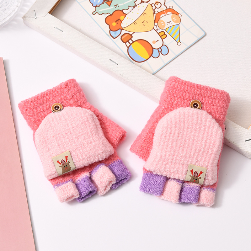 Picture of Children's flip gloves autumn and winter boys half finger warm cute Primary School students writing knitted dual-purpose gloves wholesale