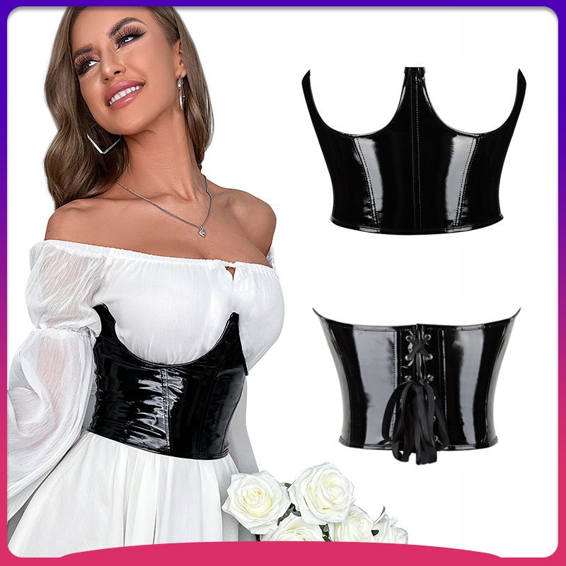 Amazon Supply Fashion Short Patent Leather Waist Seal Wearing Waist Showing Body Front Long Back Short Plastic Waist Bracket Leather