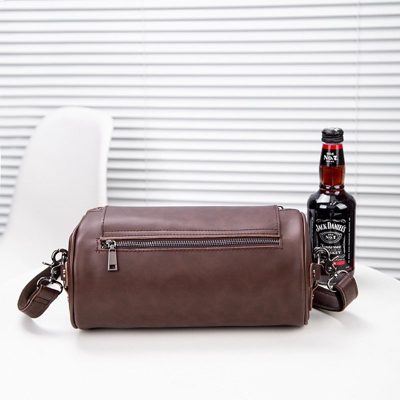 Picture of New Korean Style Fashion Small Leather Bag Retro Crazy Horse Leather Men's Shoulder Crossbody Bag Trendy Cylindrical Bag Ready for Sale