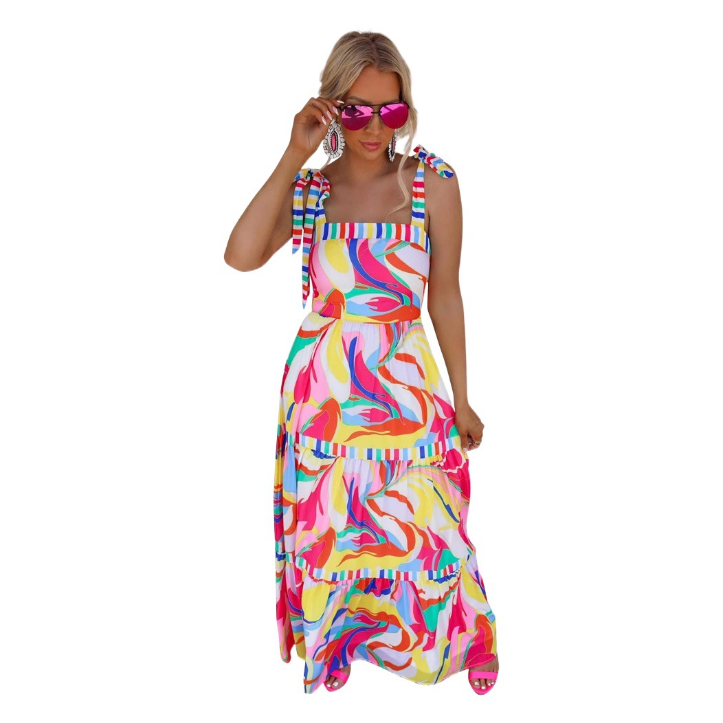 Cross-border 2022 Summer New Amazon European and American Vacation Printed Strap Stitching Large Swing Dress OM10120