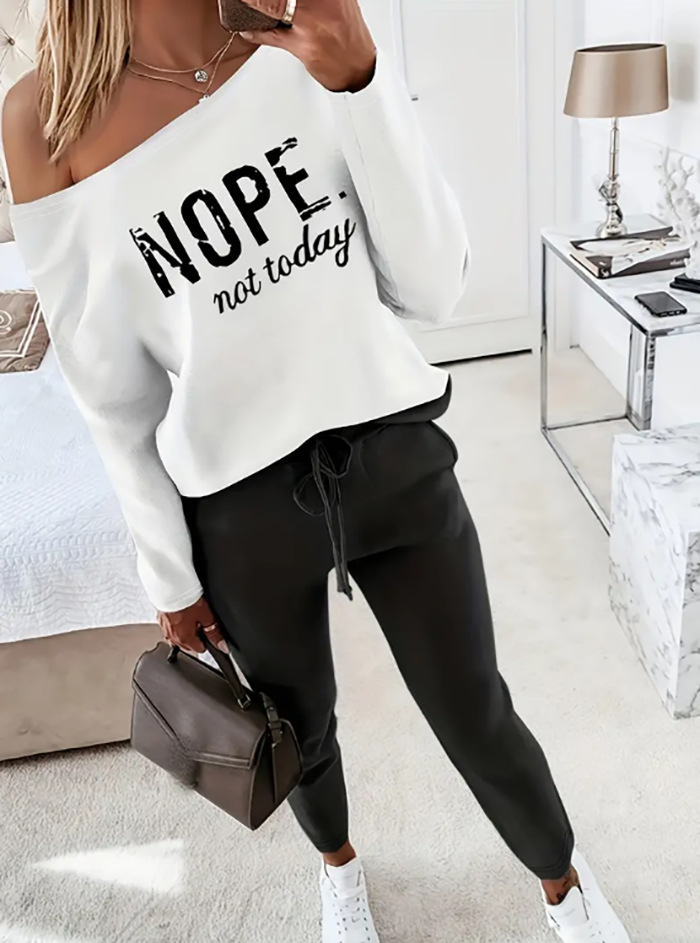 2025 European and American Cross-border New Fashion Women's Clothing Amazon Contrast Color Shoulder Long Sleeve Letter Printed Casual Pants suit