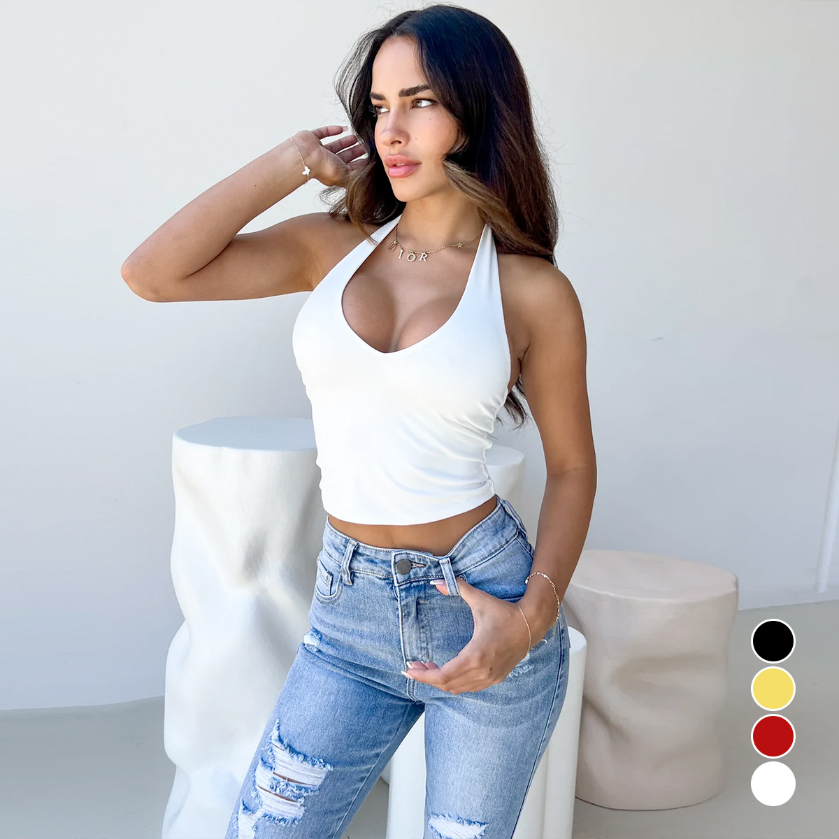 2024 Cross-border Hot-selling Women's Hanging Neck Top European and American Sexy V-neck Backless Base Top Navel T-shirt