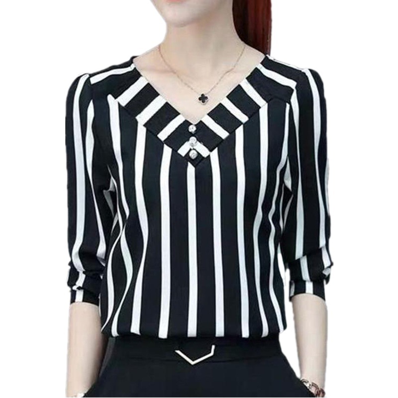2025 Spring and Autumn Korean Fashion New Striped Shirt Women's Loose Slim Bottoming Shirt Cross-Border Women's Top Summer
