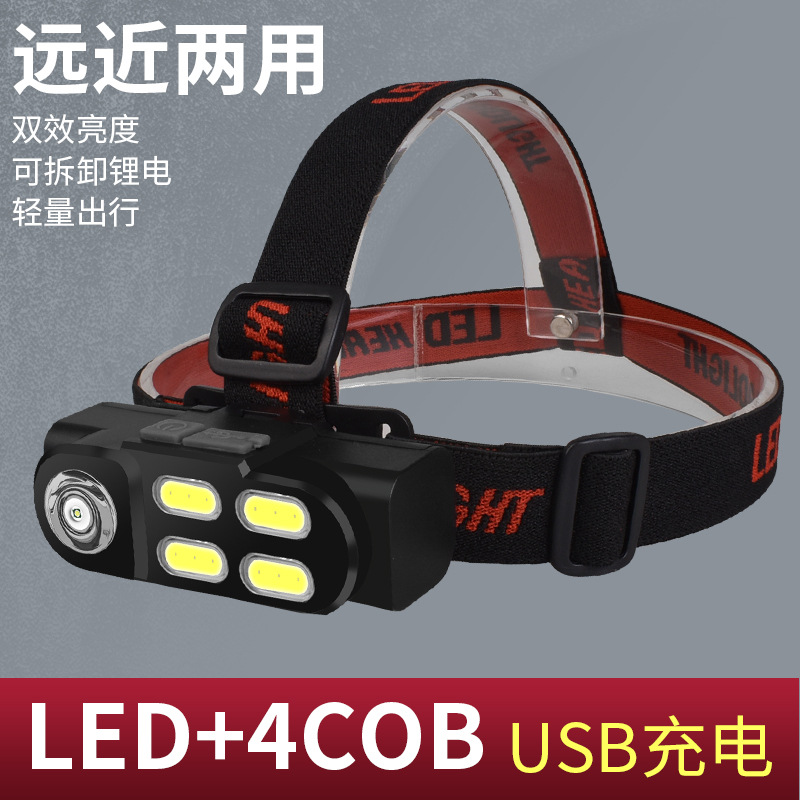 Cross-border outdoor LED strong light headlight USB rechargeable head-mounted COB floodlight night riding light flashlight