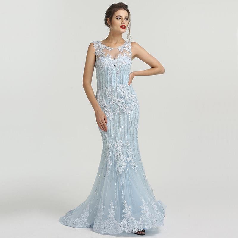 Blue lace mermaid cross-border evening dress Crystal sequins elegant sexy import and export toast LA6455