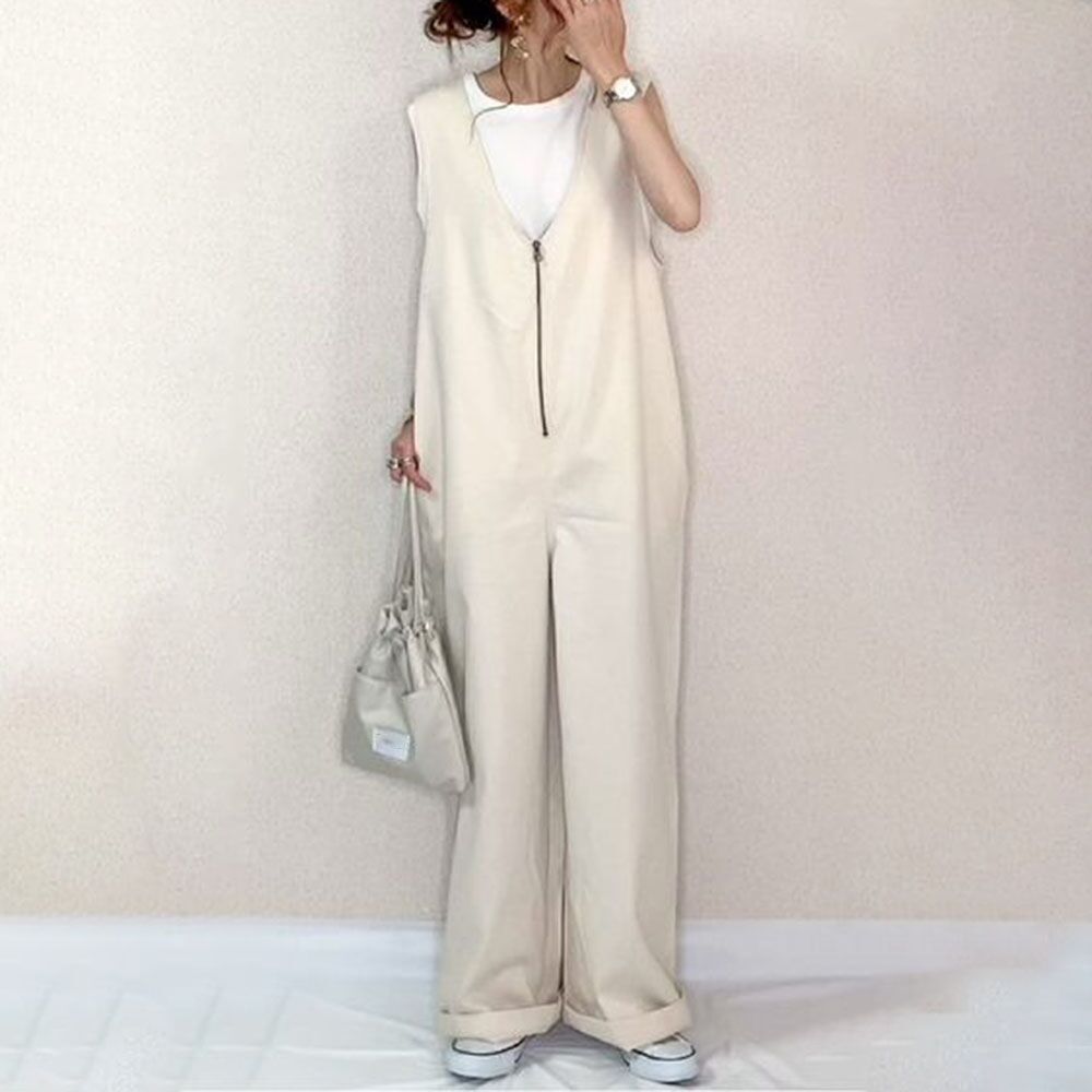 Picture of in stock 3-color Japanese 2024 Summer New Solid Color Zipper Strap Wide Leg Pants Slim-fit Dipping Jumpsuit